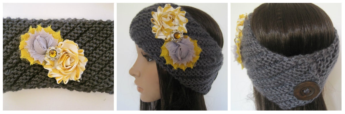 Charcoal Grey Knit Ear Warmer Headband Head Wrap  with Mustard Yellow and Grey Shabby Chiffon Flowers and Matching Accent