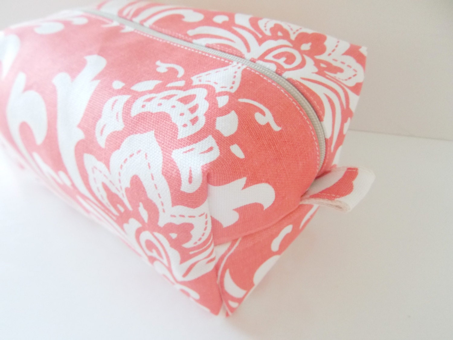 Coral Damask Makeup Bag - Water Resistant Cosmetic Bag