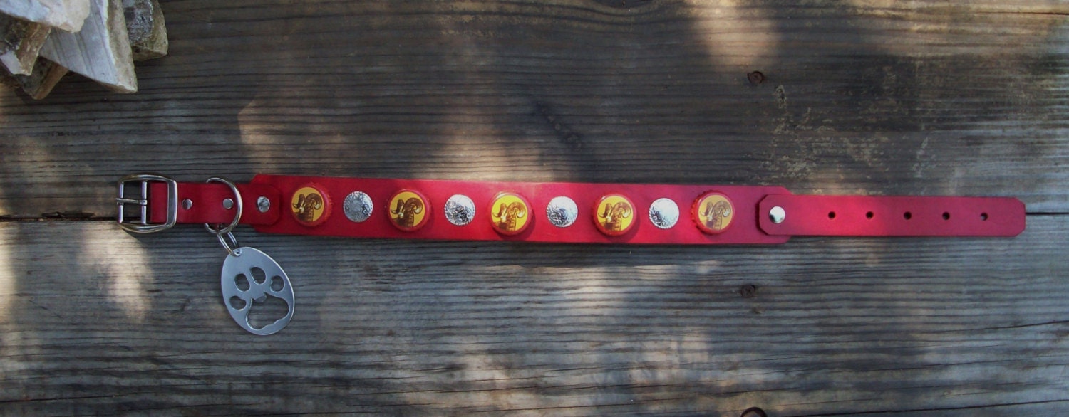 Texas Shiner  Bock Beer Cap Leather dog collar with paw shaped bottle opener and Silver Conchos. Any Color. Custom.