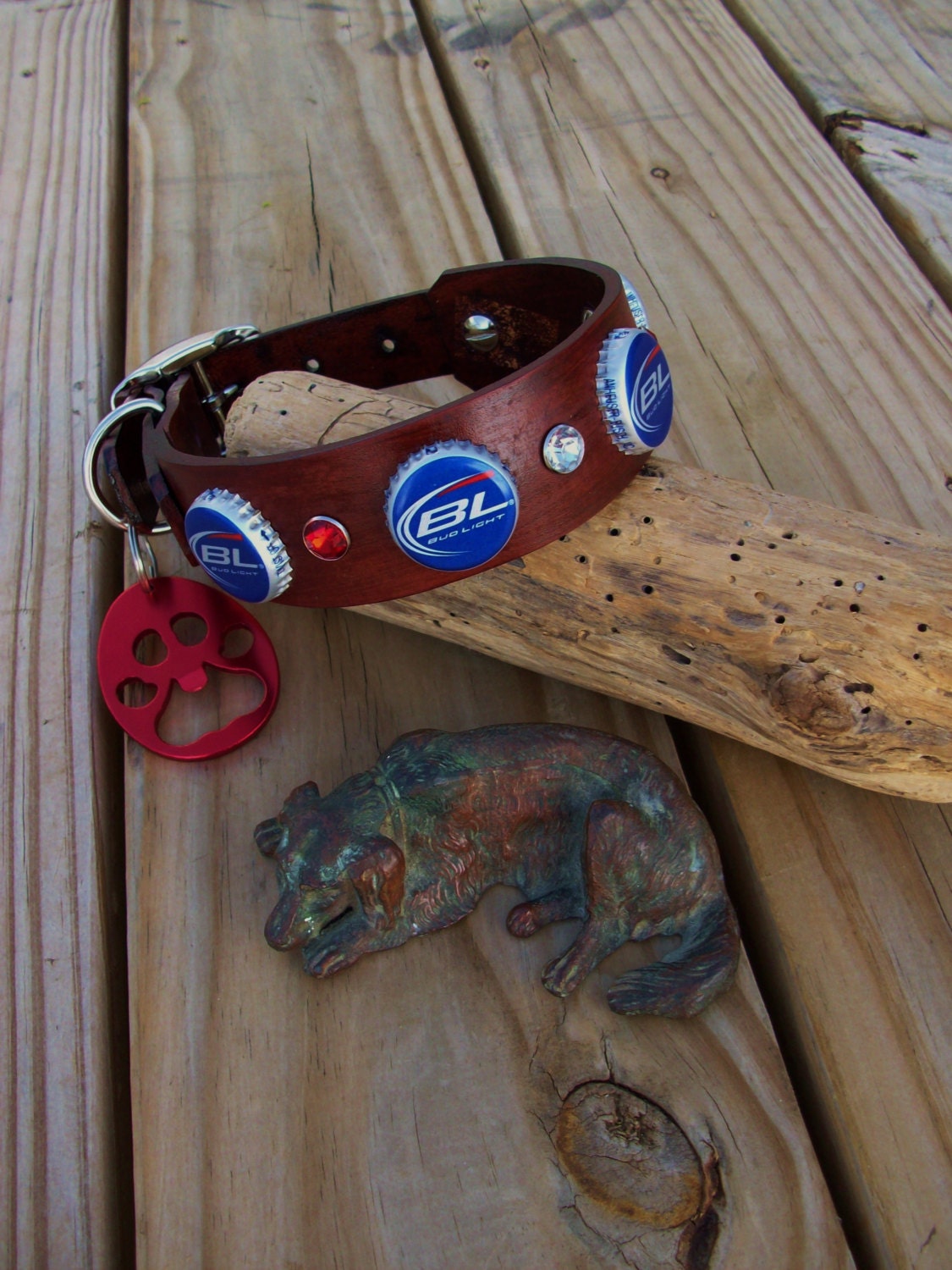 Bud Light beer cap leather dog collar with paw bottle opener and Crystals. Any Size or Color Custom