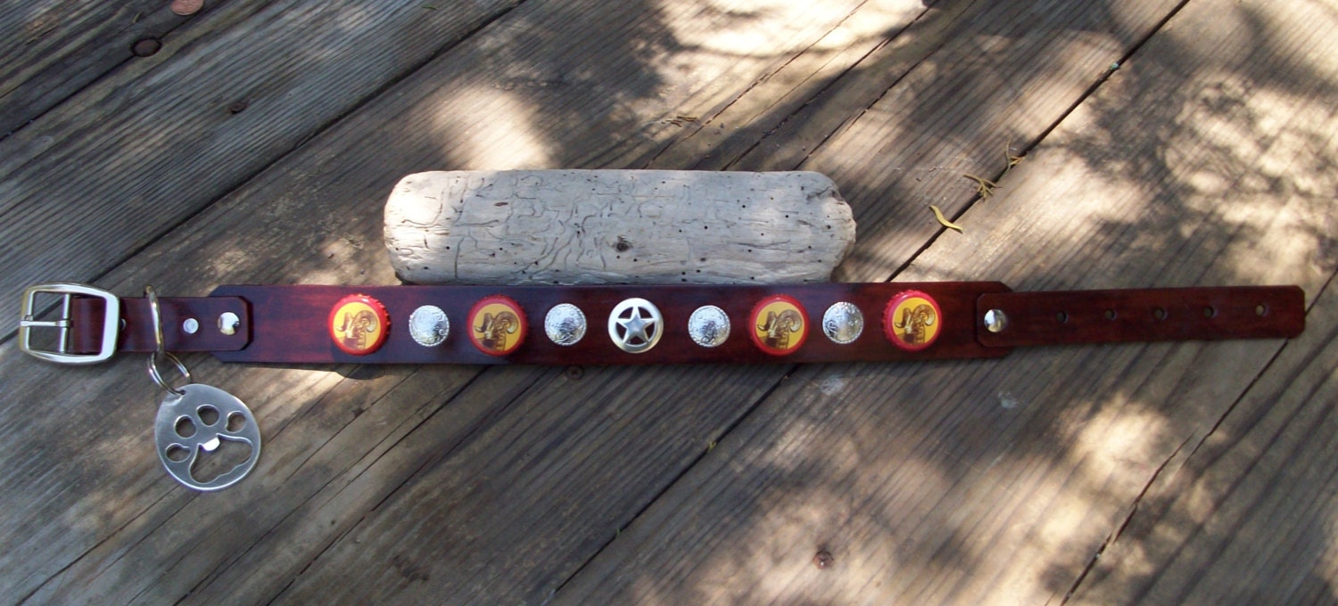 Texas Shiner Bock Beer Cap Leather dog collar with paw shaped bottle opener and Silver Conchos. Any Color. Custom.