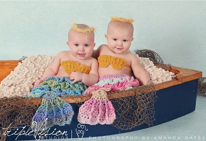 Mermaid Tail Cape Seashell Top and Gold Pearl Headband Photo Prop Set 6-12 Months