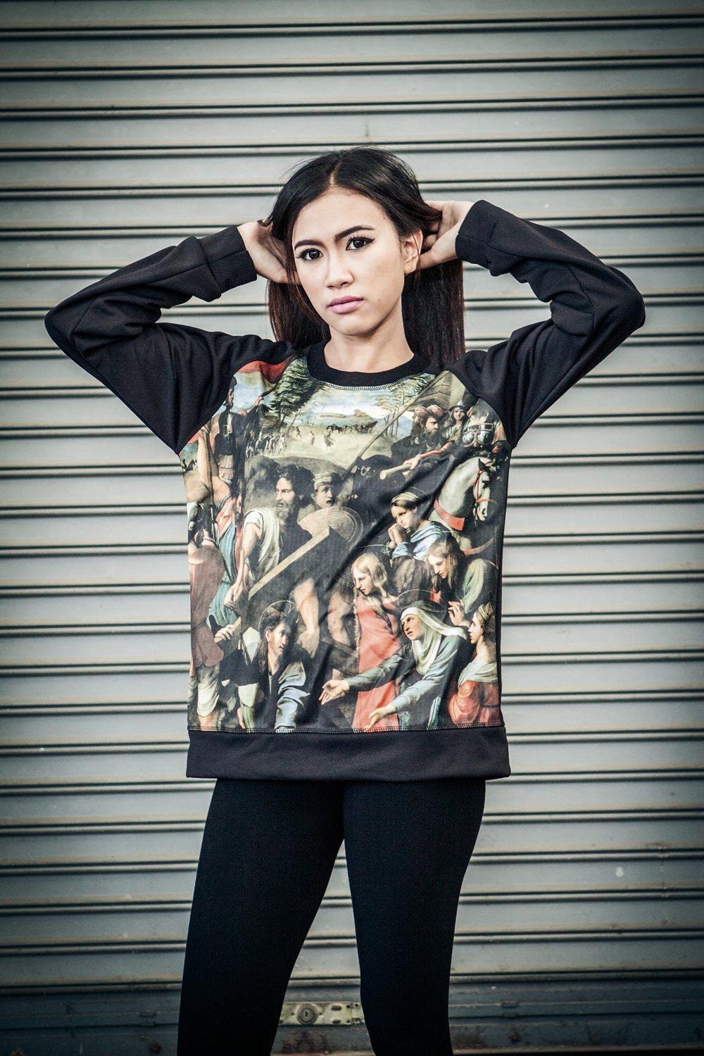 Jesus Story Picture Printed Sweatshirt - Pullover Sweater Unisex Shirt In Black.
