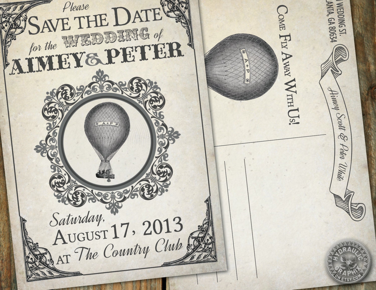 Steampunk, victorian, vintage inspired Hot Air Balloon Save the Date postcard for wedding Il_570xn