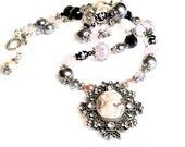 Silver pink cameo long beaded necklace black grey handmade