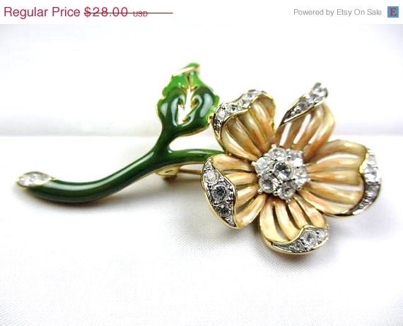 Nolan Miller Enamel Rhinestone Flower Brooch 1950s Vintage Jewelry