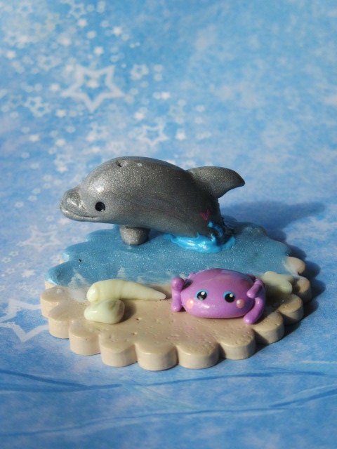 Dolphin Crab At The Beach-Kawaii-Glow In Dark-Polymer Clay-Miniature