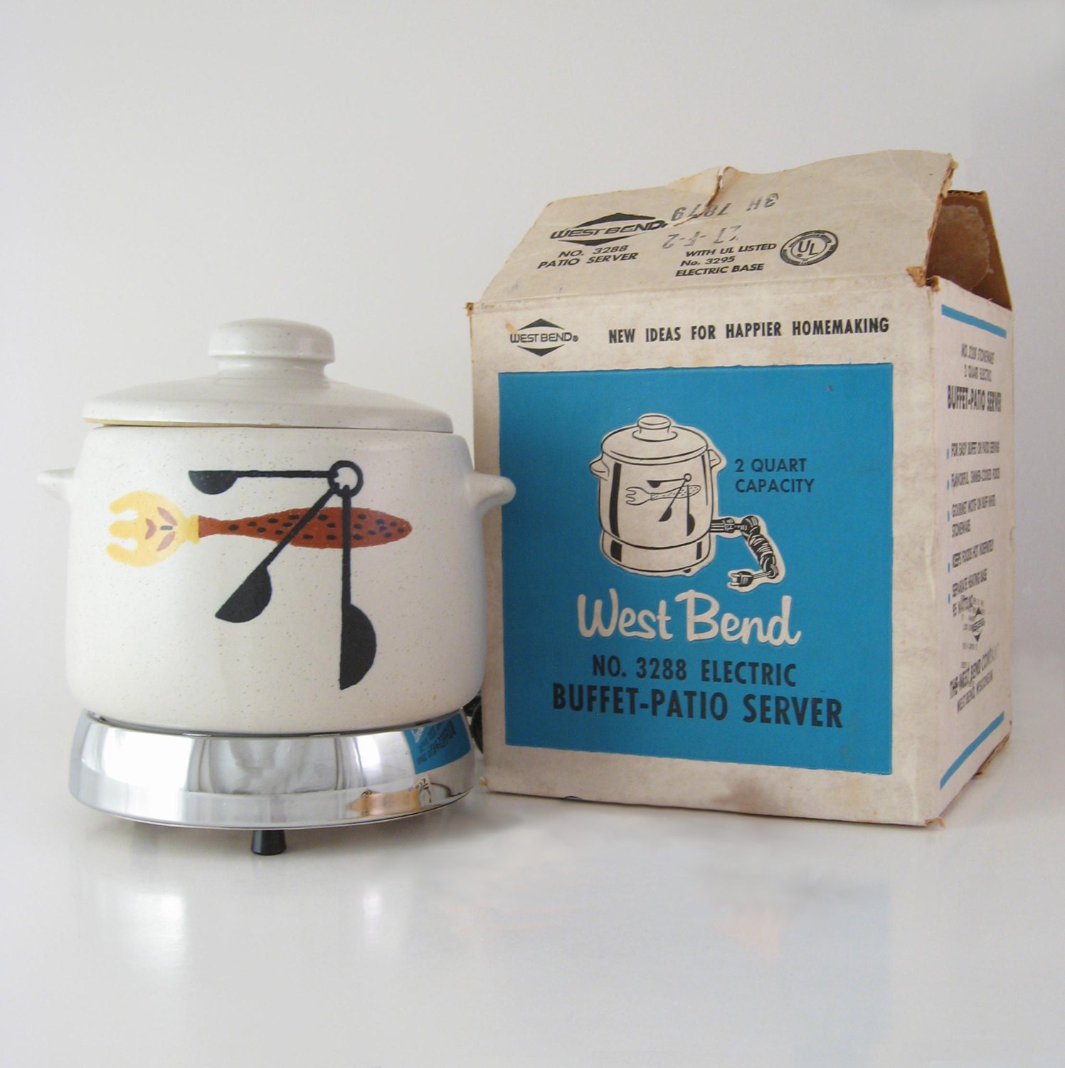 Vintage West Bend Bean Pot Patio Server with Warmer, Mid-Century Stoneware, 1950s 1960s