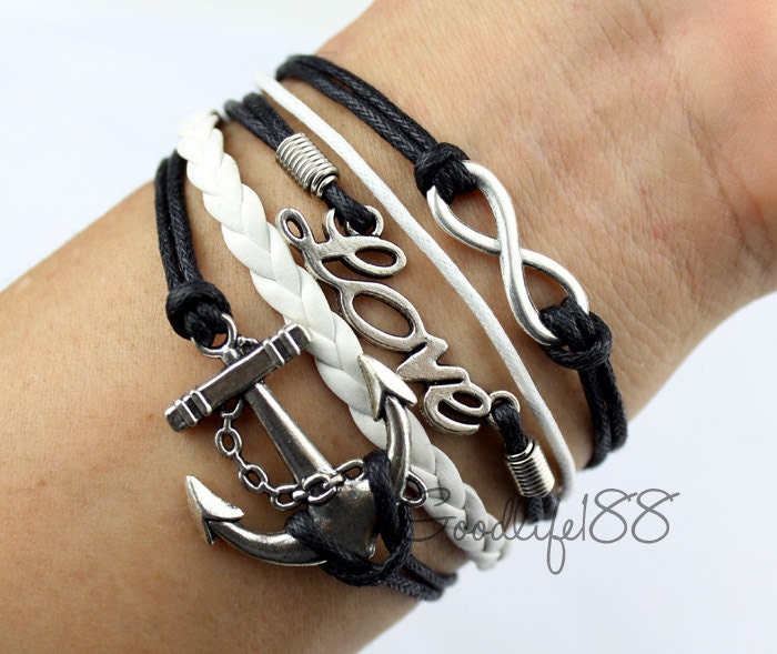 The anchor charm bracelet - the LOVE bracelet - personality infinity bracelet - fashion - black leather cord bracelet - gift blessing