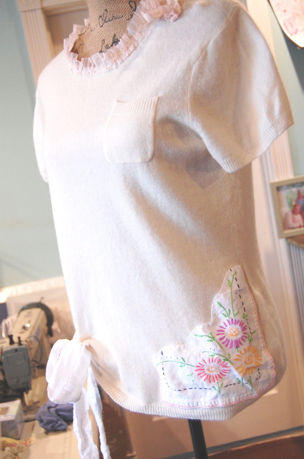Cashmere Sweater Creamy Ivory Soft Medium Large Shabby Embellished Country Prairie Chic Luxury Pink Vintage Eco Linens