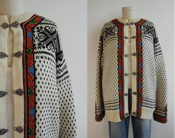 Vintage Nordic Wool Fair Isle Cardigan / Dale of Norway Wool Ski Sweater Cream Black Red Large