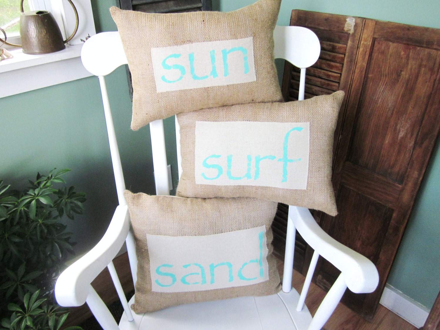 Burlap pillows, burlap beach decor, decorative pillow,  turquoise pillow, shabby chic, farmhouse decor, beach pillows, accent pillows