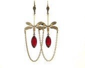 Dragonfly Earrings - Victorian Jewelry - Ruby Red Glass - Art Nouveau Oxidized Brass Chandelier