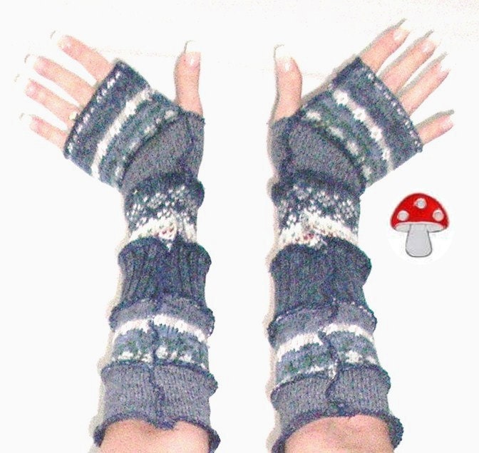 Blue Dream Arm Warmers Recycled Eco Hippie Fingerless Sweater Gloves Kind Bud Cozy Mittens Blue White Snow Bunny Faded Jeans Armwarmers Warm