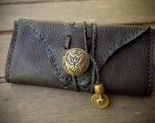 Black Leather and Brass Thunderbird Tobacco Pouch -  Clutch