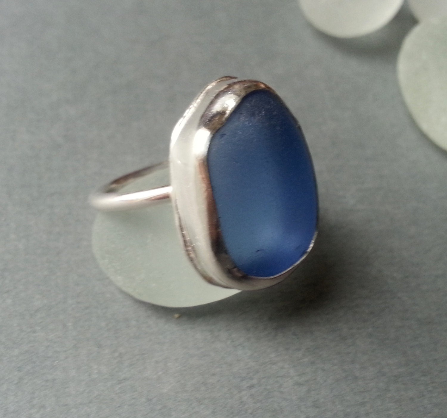Sea Glass Ring, Sea Glass Jewelry, Sterling Silver, Large Cornflower, Sea Glass, Beach Jewelry, Beach glass jewelry