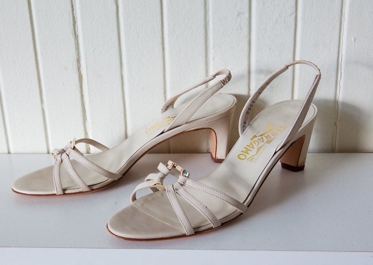 White Ferragamo Strappy Sandals / Vintage Leather Gold Buckles Size 7