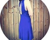 80's party dress, bright royal blue, silk and sequin halter dress with cut out back. size medium.