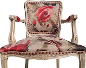 FREE SHIPPING Upholstered Painted French Fauteuil Bergere Arm Chair Red Floral Elegant Modern Shabby Cottage Chic