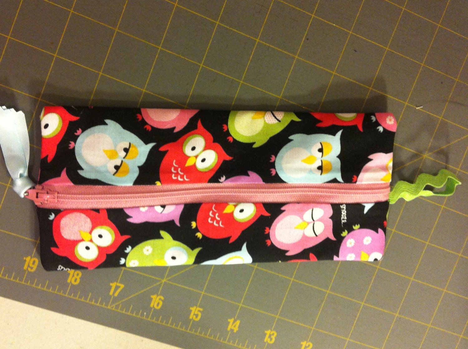 Fabric pencil zipper case - black with bright owl print