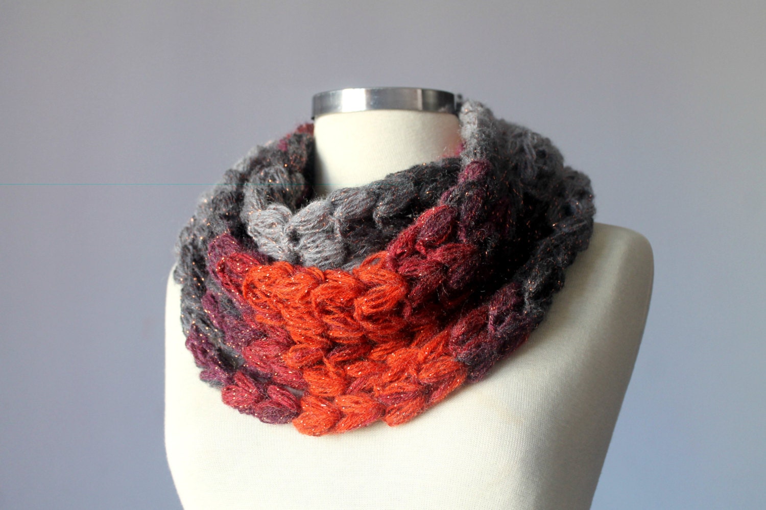 Crochet Cowl Scarf infinity Neck Warmer, yarn batik colors on orange grey brown, handmade chunky knit winter, fall women accessories, gift
