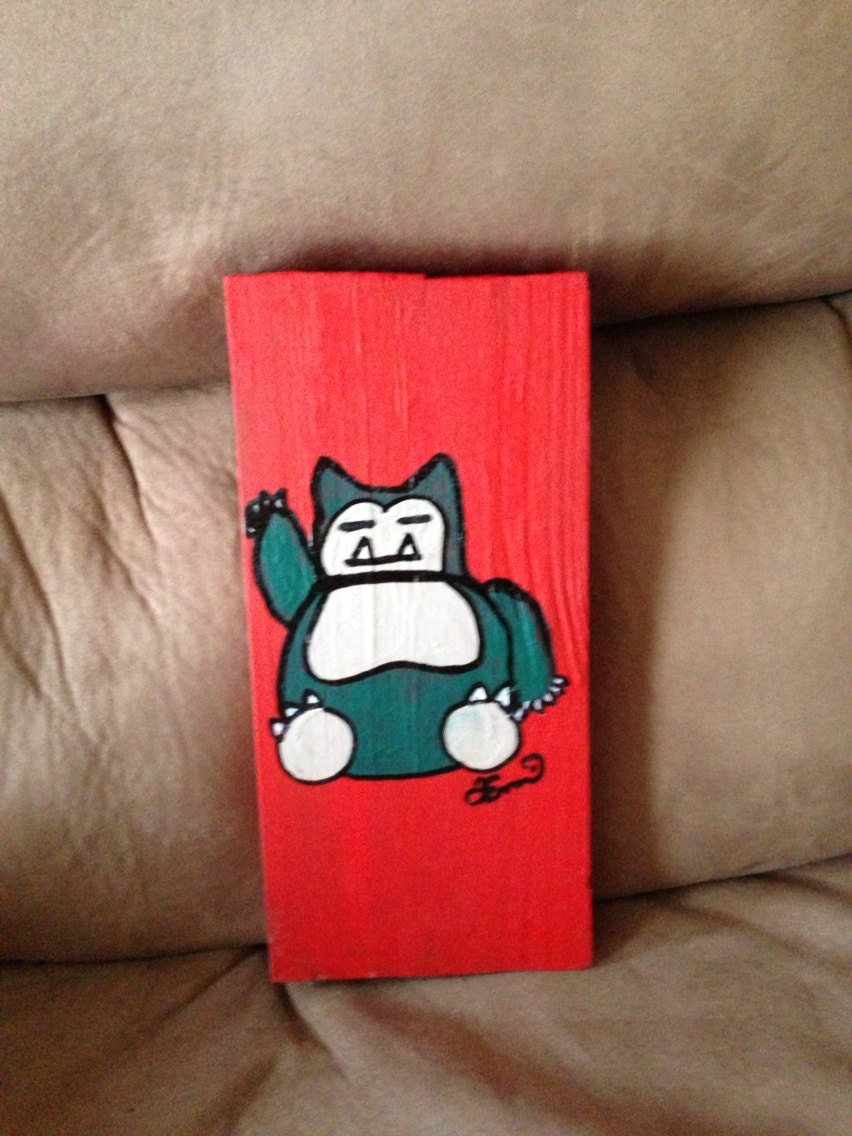 A wild snorlax appears acrylic painting on found wood