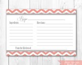 Recipe Card - Printable. Coral and Gray Chevron Recipe Card. DIY Print Yourself.