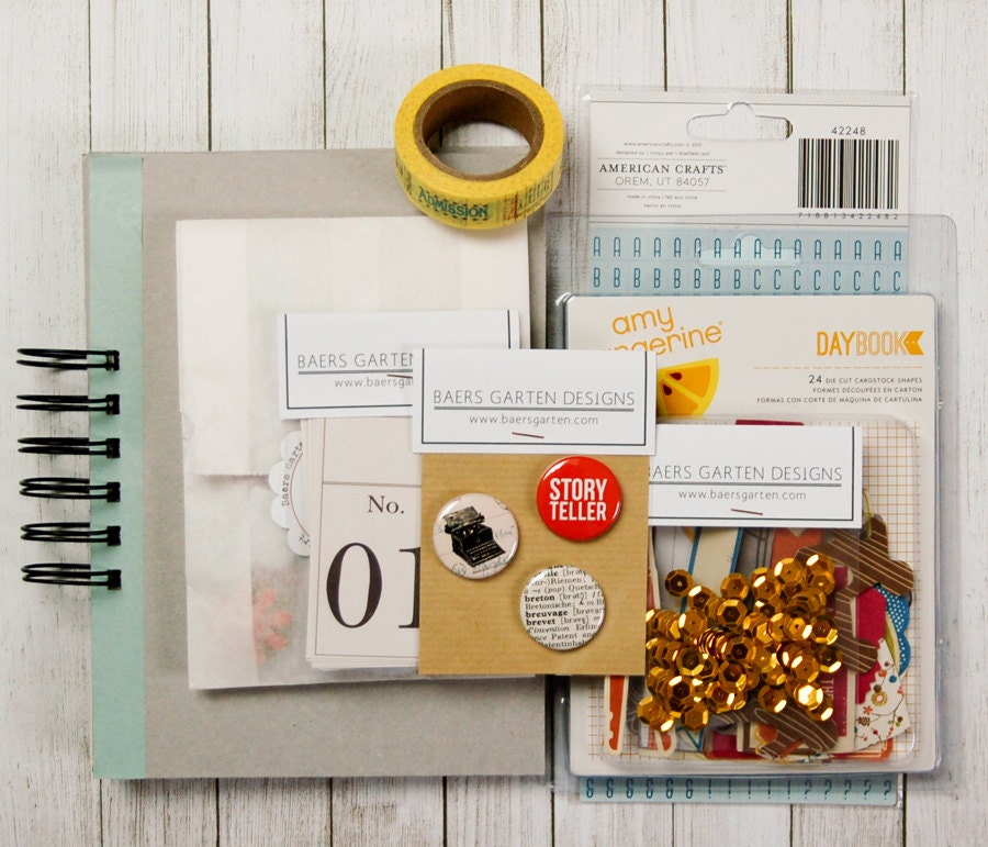Mini Album / Journal Kit Storyteller - Album Kit - Mixed Papers - Badges - Alpha - Washi Tape - Journaling Cards
