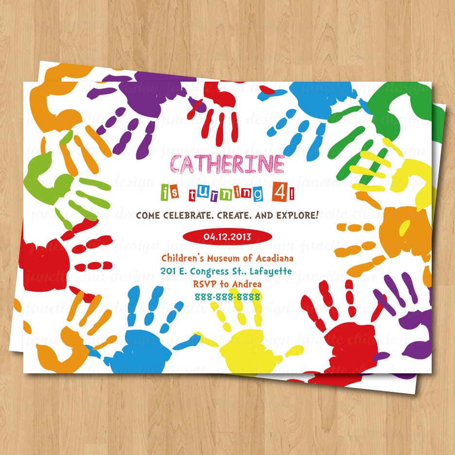 Arts and Crafts Hand Prints Birthday Party Invitation Digital Printable, any wording any color any age