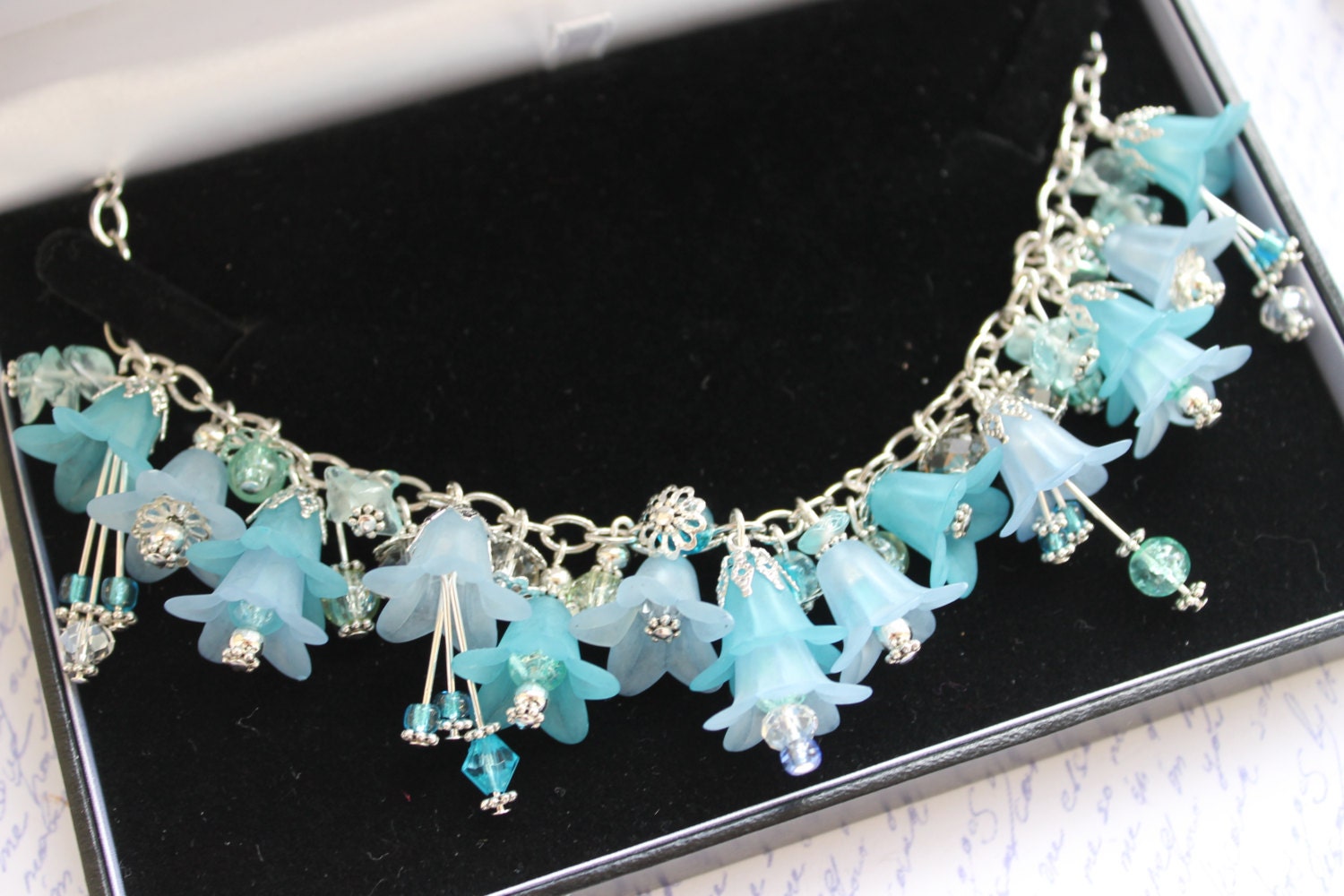 Spring Spectacular- Lucite Flower Spring Garden Necklace, Blue and Turquoise Statement Handmade Necklace