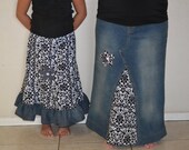 Mother Daughter Matching Clothing, Mommy and Me Long Upcycled Denim Skirts.  Custom Order to your size and desired fabric, Maternity option
