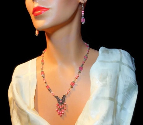 Handmade pink fiber optic glass necklace and dangle hook earrings with upcycled beads and vintage festoon beadwork in silver plate