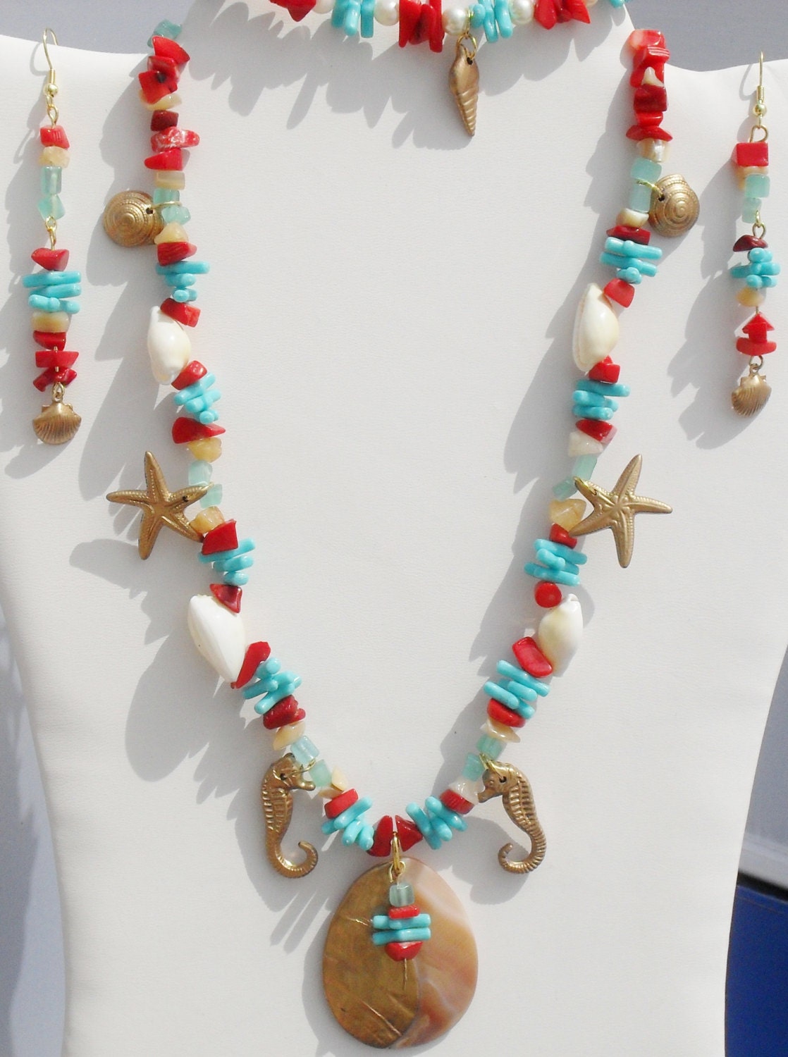 Beach, OOAK, shell, MOP, handmade, coral, turquoise, 3 piece, Summer, ocean, seahorse, starfish, resort, jewelry set, Item S-195