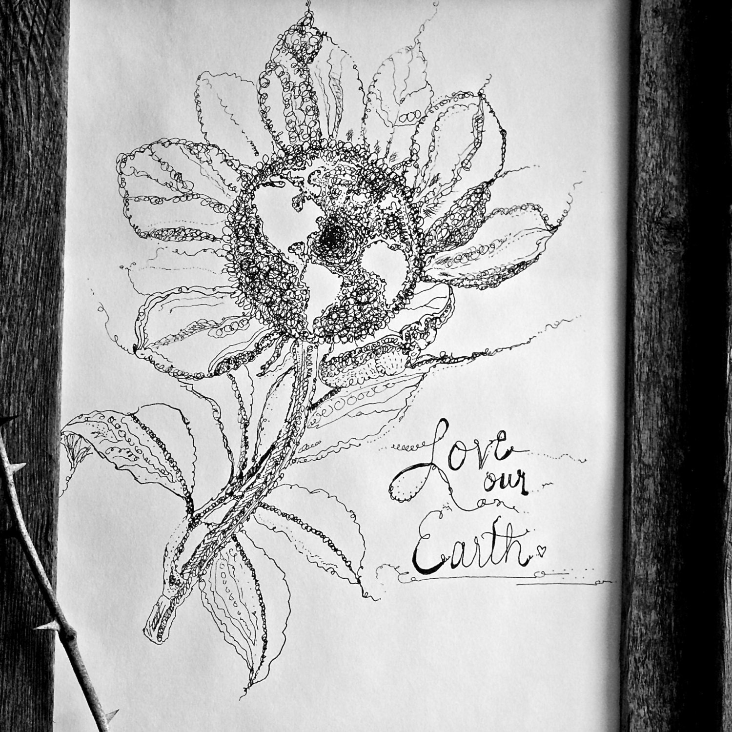 Earth Day April 22 original black and white ink drawing poppy flowers. floral. botanical. detailed. study. map. typewriter. library.
