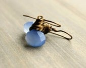 Periwinkle Chalcedony Quartz earrings Bronze Antiqued Wire Wrapped Blue Azure Cornflower