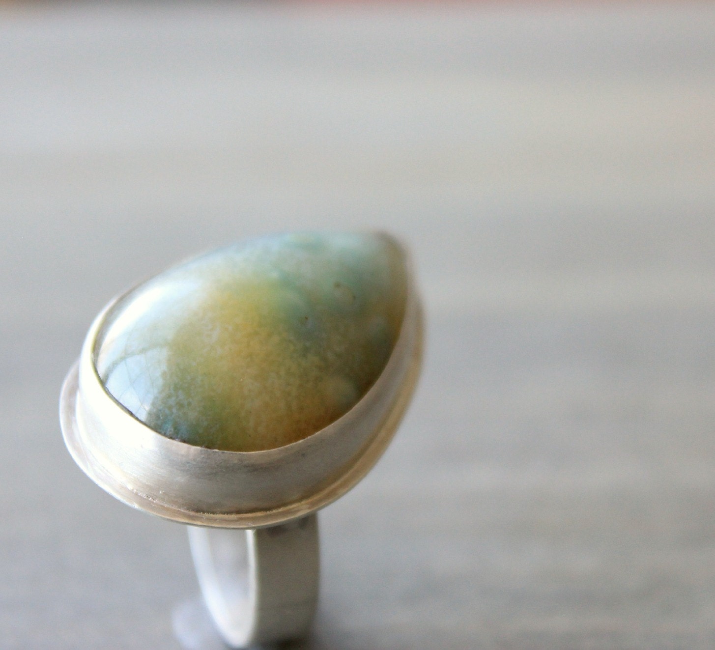 Ocean Jasper Cocktail Ring Sterling Silver Size 8.5 Blue Green Yellow Sage Madagascar Jasper Orbicular Jasper