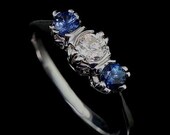 Vintage Inspired 14K White Gold 3 Stone Diamond Sapphire Engagement Ring