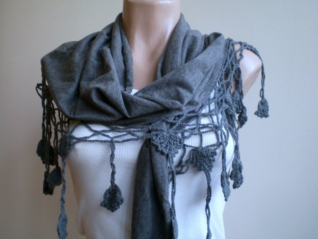 Womens Scarves, Gray Scarf with Lace Edge Hand Crochet Flowers