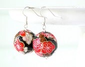 Black and Red Earrings, Japanese Earrings, Cherry BLossoms, Washi, Floral Earrings, Gift under 20, Sakura, ASian