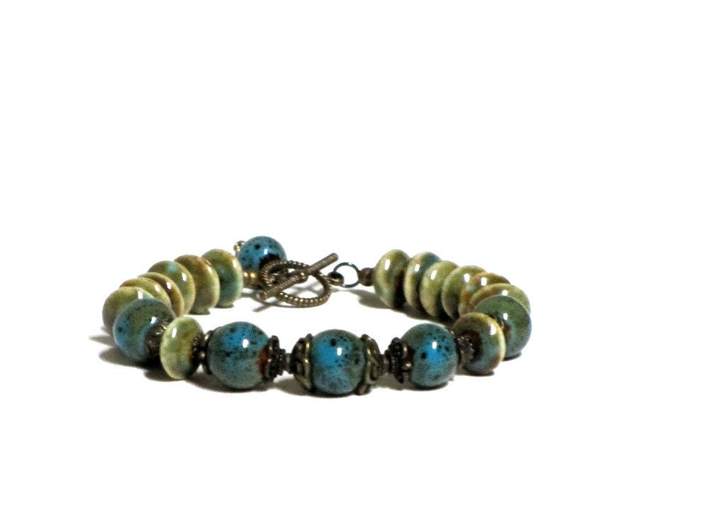 Honey Aqua Porcelain Bracelet, Vintage Brass and Porcelain Bracelet, Boho Bracelet