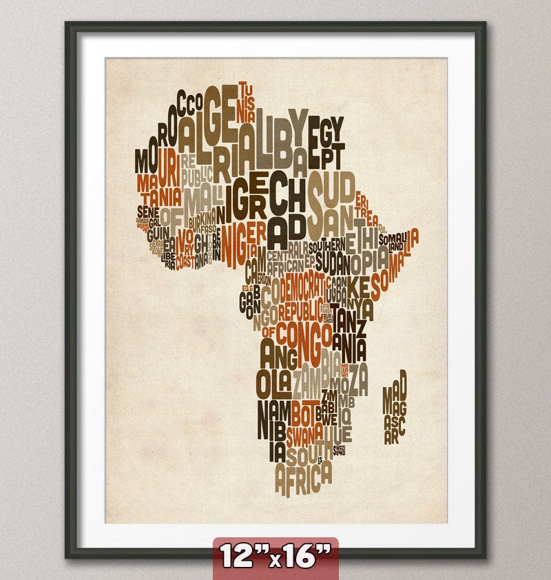 Typography Map of Africa Map, Text Art Print 12x16 inch (106)