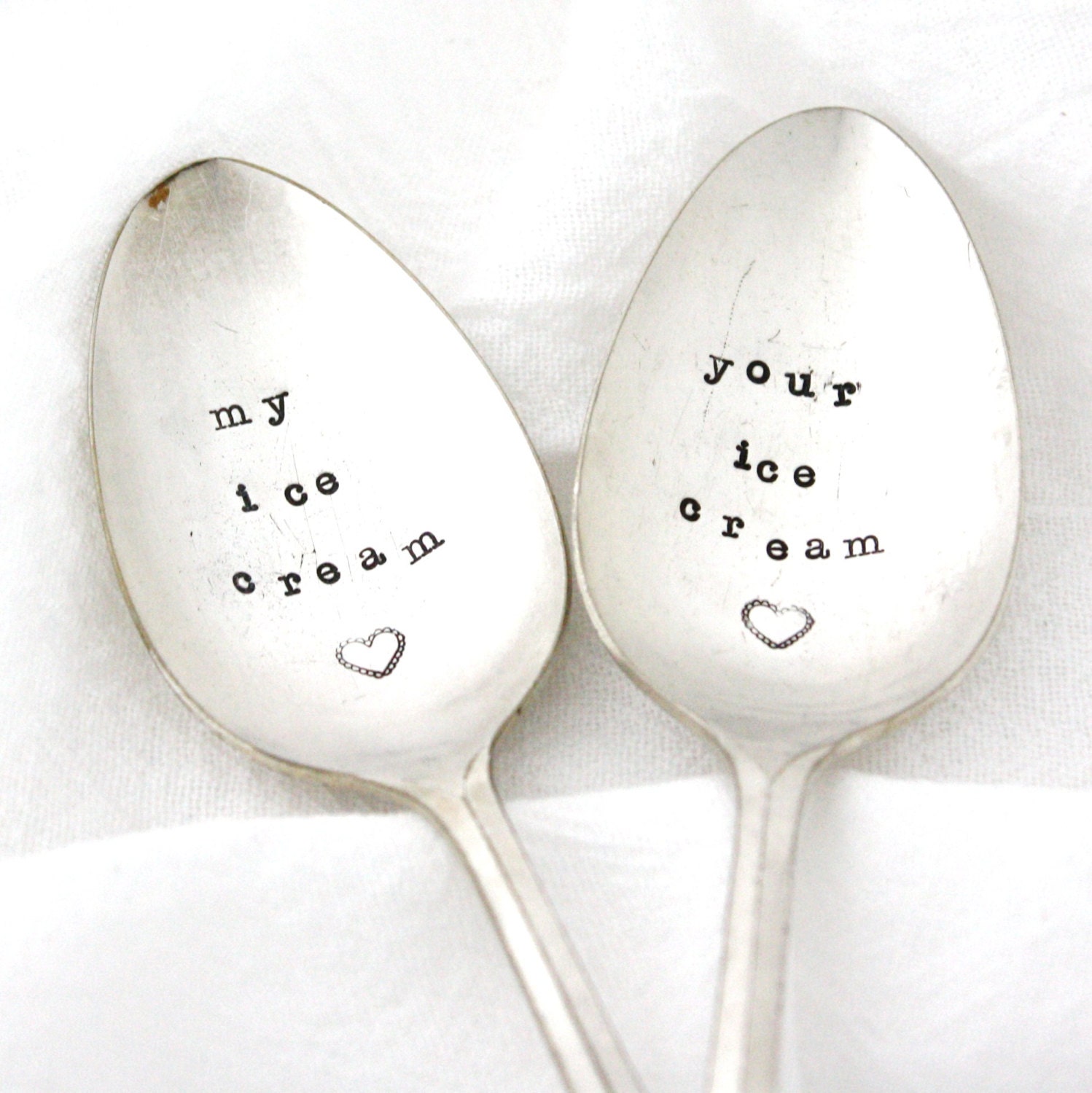 My Ice Cream Spoon and Your Ice Cream Spoon, set of 2 hand stamped vintage silver spoons with hearts, ready to ship