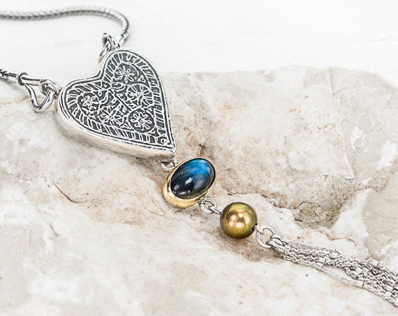 22k Gold Labradorite Heart Necklace, 22k Gold Gold and Sterling Silver Necklace, Unique Heart Necklace