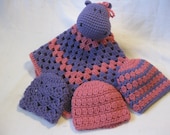 RTS Crochet Gift Set Lavender Purple Pink Newborn 0-3 3-6 month Baby Beanie Hippo Security Blanket, Photo Prop Accessory, Lovey