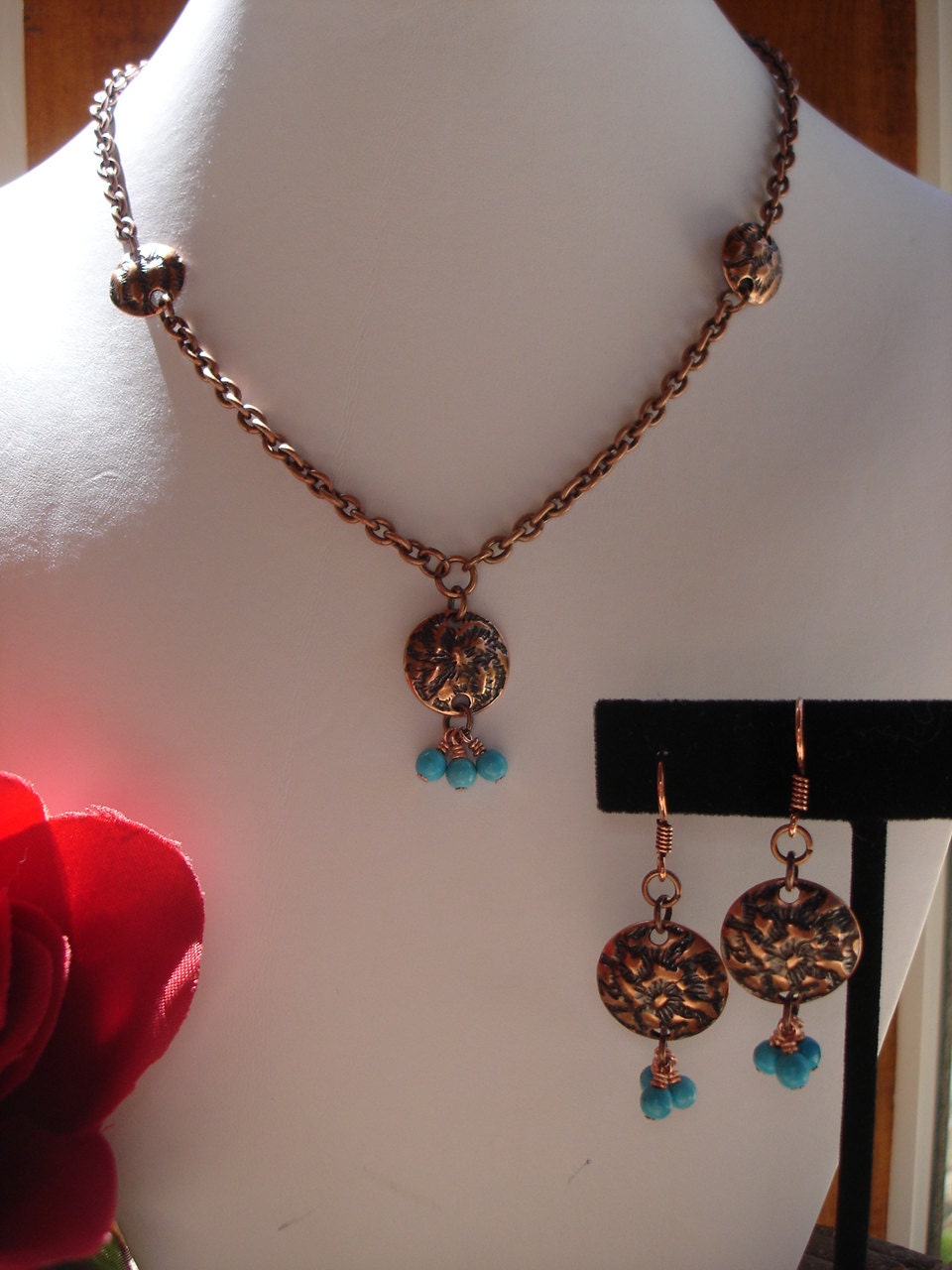 OOAK Copper and Turquoise Drop Necklace and Earrings Set