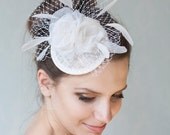 Bridal Flower Hat with Roses, Veiling and feathers, Cocktail Hat, Bridal Bow Headpiece, Millinery Sinamay Hat, Bridesmaid Fascinator