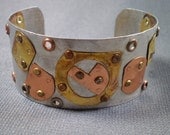 One of a Kind Steam Deco Cuff: Distressed Aluminum,  Brass and Copper Wrist Cuff Bracelet with Eyelets