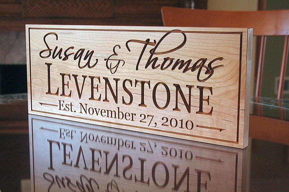 Family Name Sign Custom Wedding Gift Custom Wood Sign Carved Sign, Cherry 7 x 18 lh
