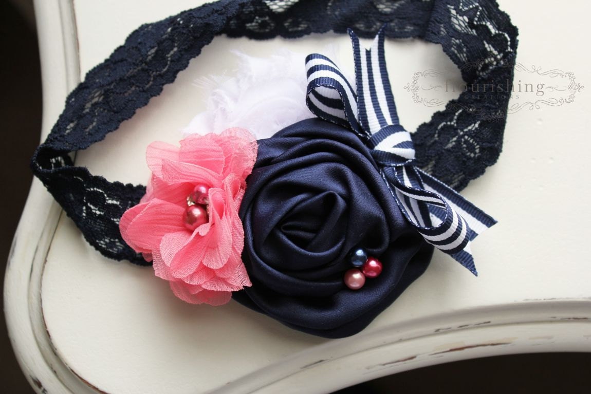 Coral Pink, Navy and White flower headband, navy nautical headbands, baby flower headbands, photography prop, coral headbands