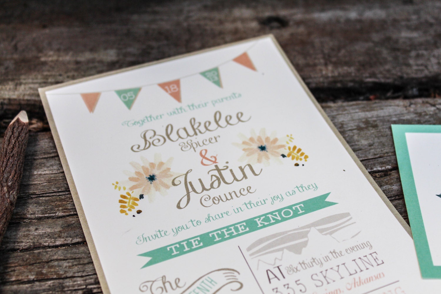 Wedding Invitation: Rustic Woodland Mountain, flag banner, and flowers